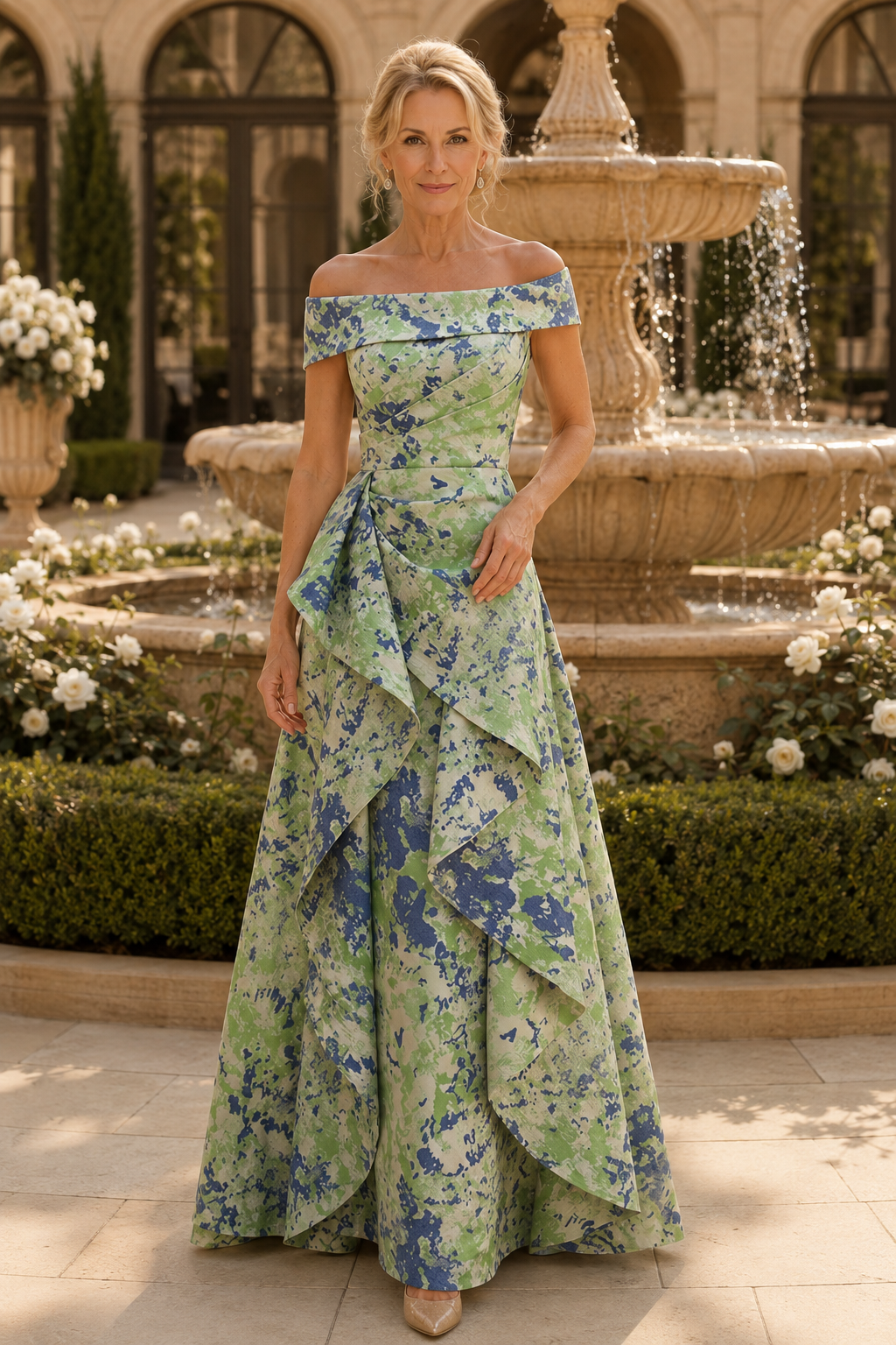 Off-the-Shoulder Pleated Tiered A-Line Gown