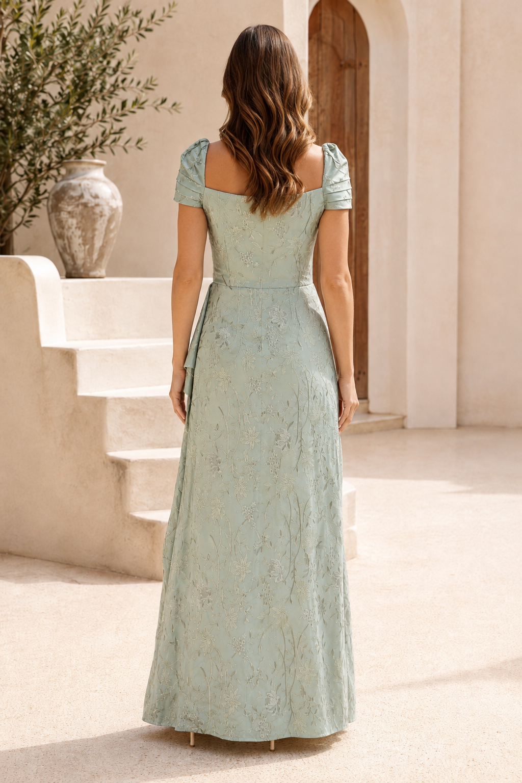 Floral Jacquard A-Line Evening Gown with Side Drape