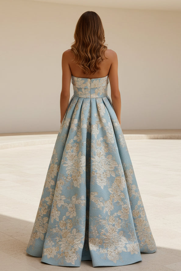 Strapless Floral Jacquard Evening Gown