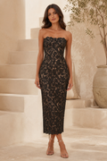 Strapless Floral Lace Midi Sheath Dress