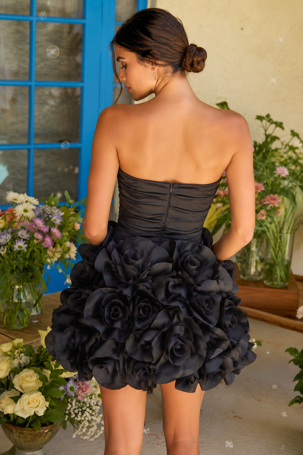 Strapless Ruched Mini Dress with 3D Floral Skirt