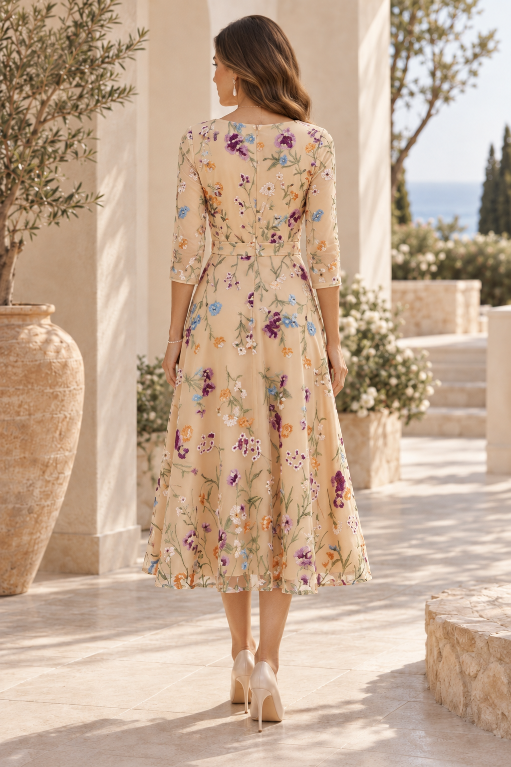 Floral Embroidered A-Line Midi Dress with 3/4 Sleeves