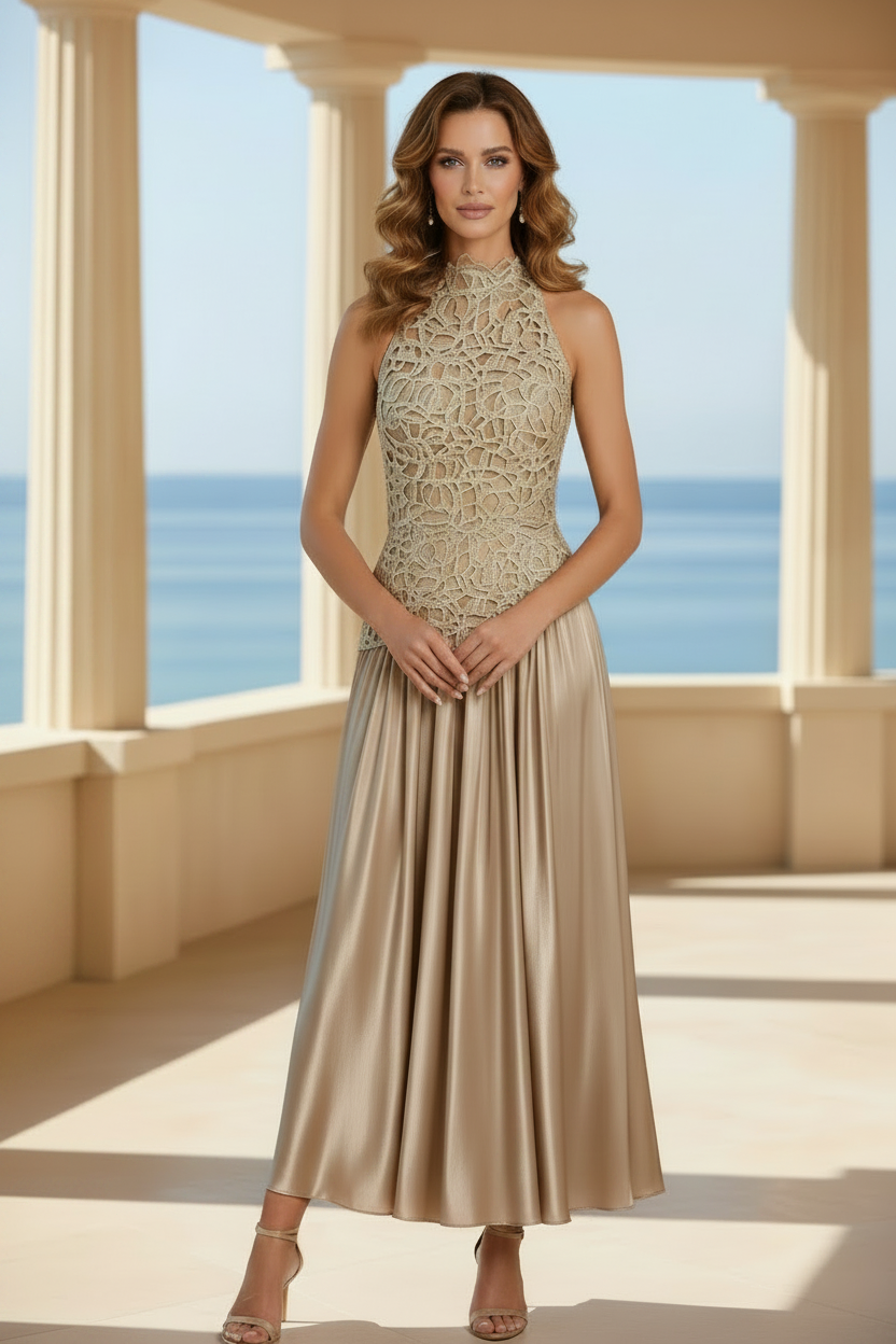 Elegant Lace Halter Midi Dress with Pleated Satin Skirt