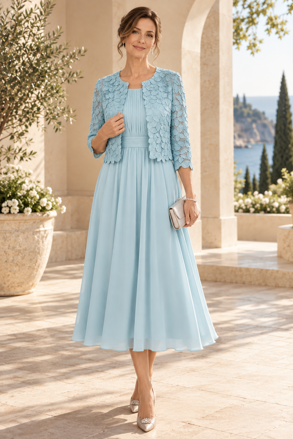 Pleated Tea-Length Dress with Lace Jacket