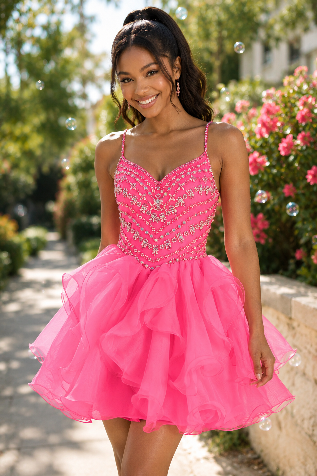 Beaded Bodice Ruffled Organza Mini Dress