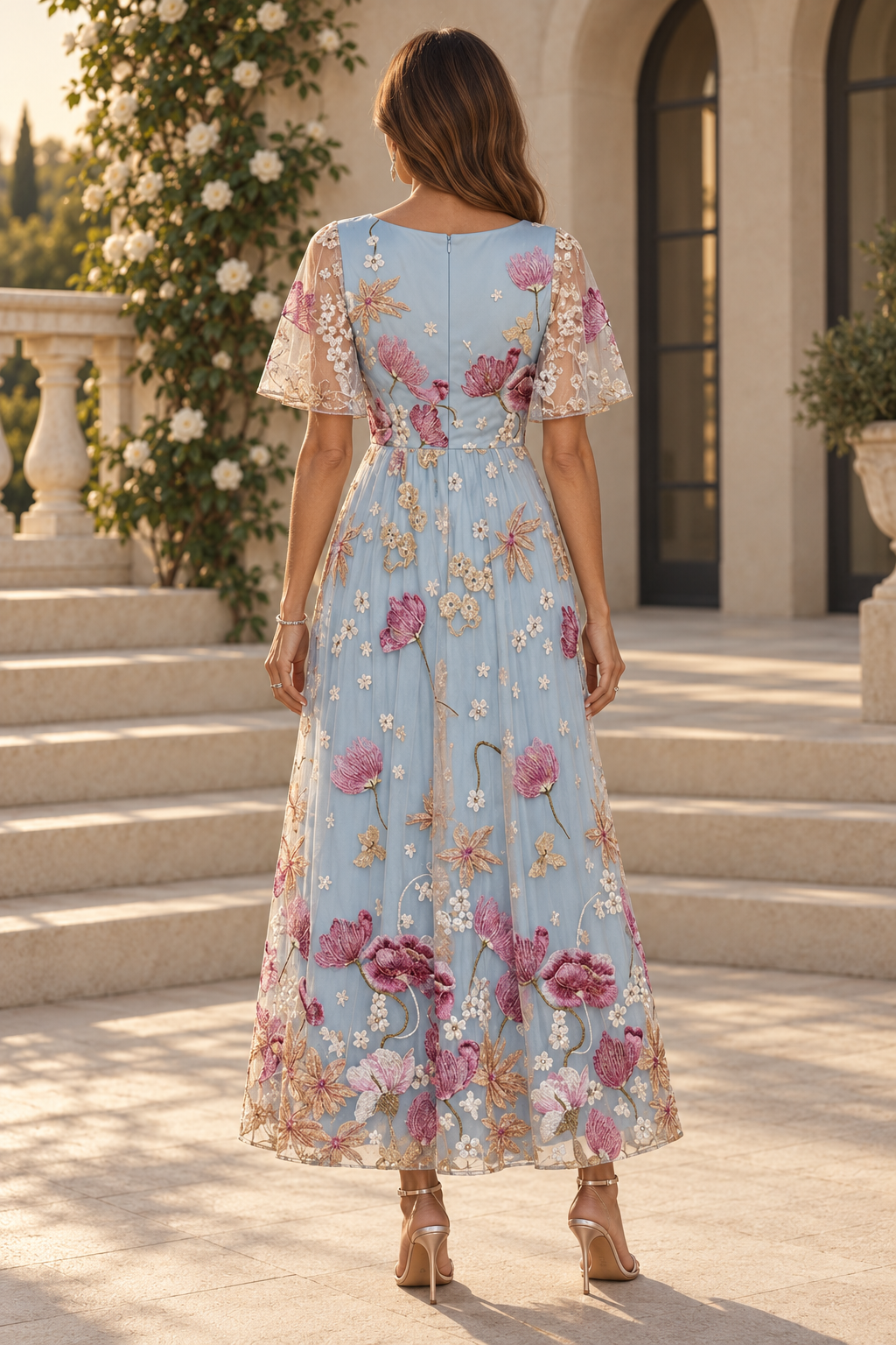 Floral Embroidered Flutter Sleeve A-Line Midi Dress