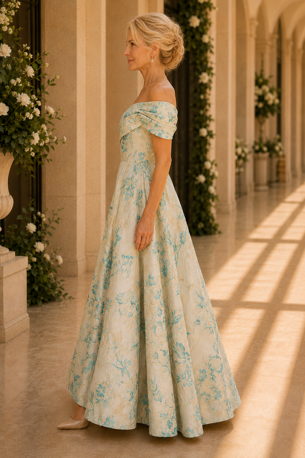 Floral Jacquard Off-the-Shoulder A-Line Gown