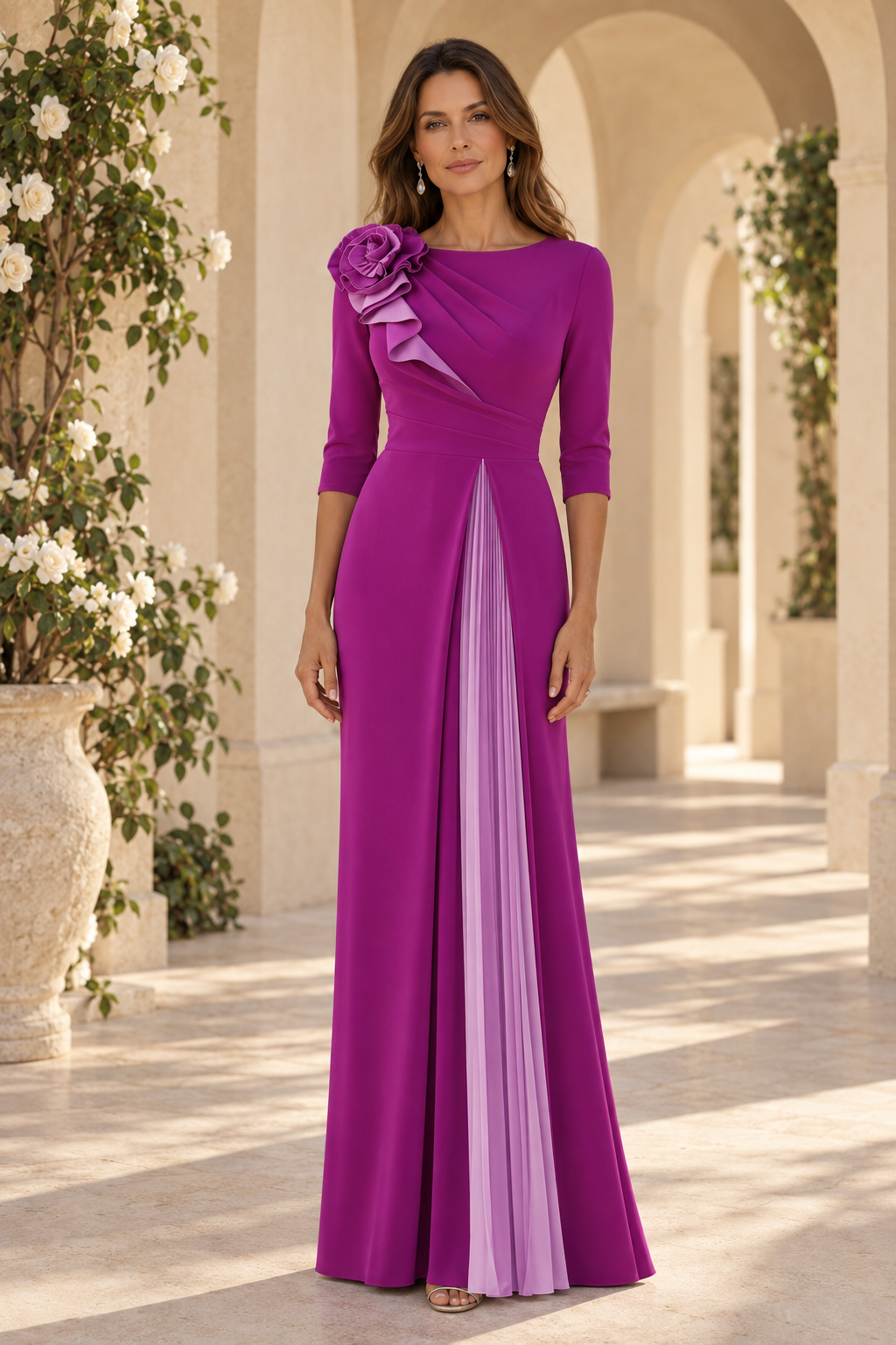 3/4 Sleeve Column Gown with 3D Flower and Pleated Inset