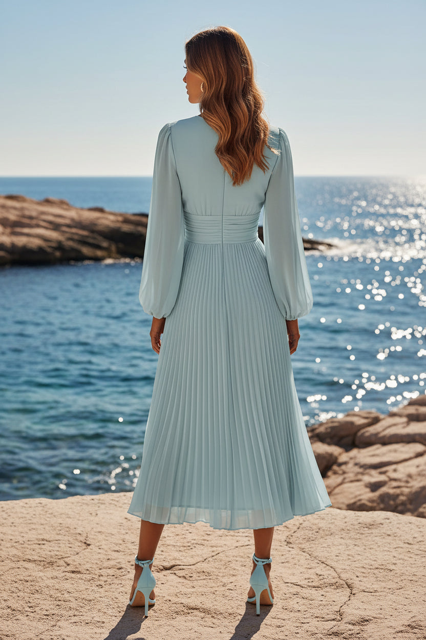 Pleated V-Neck Midi Dress with Long Sleeves