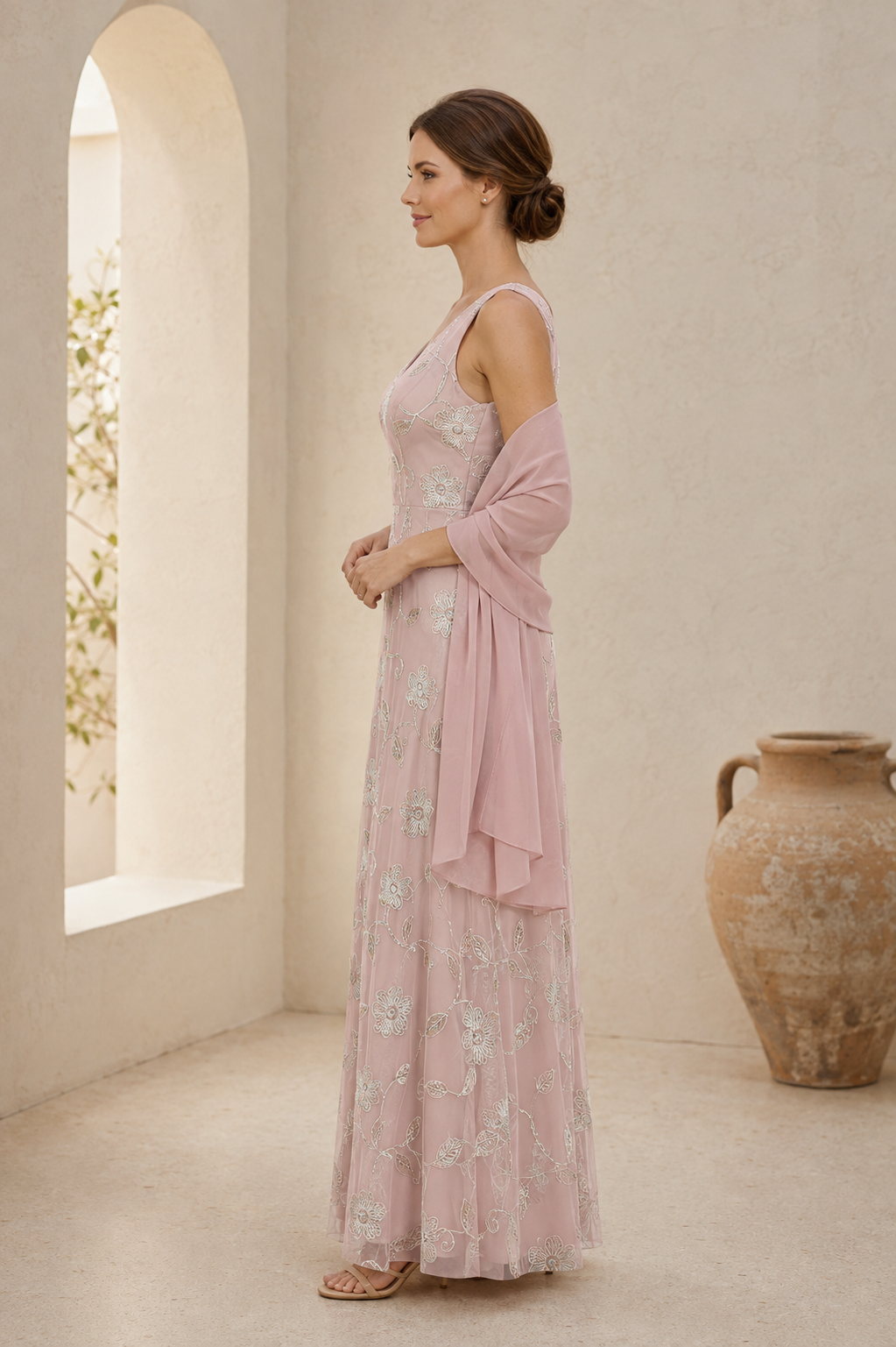 Floral Embroidered V-Neck Gown with Chiffon Shawl
