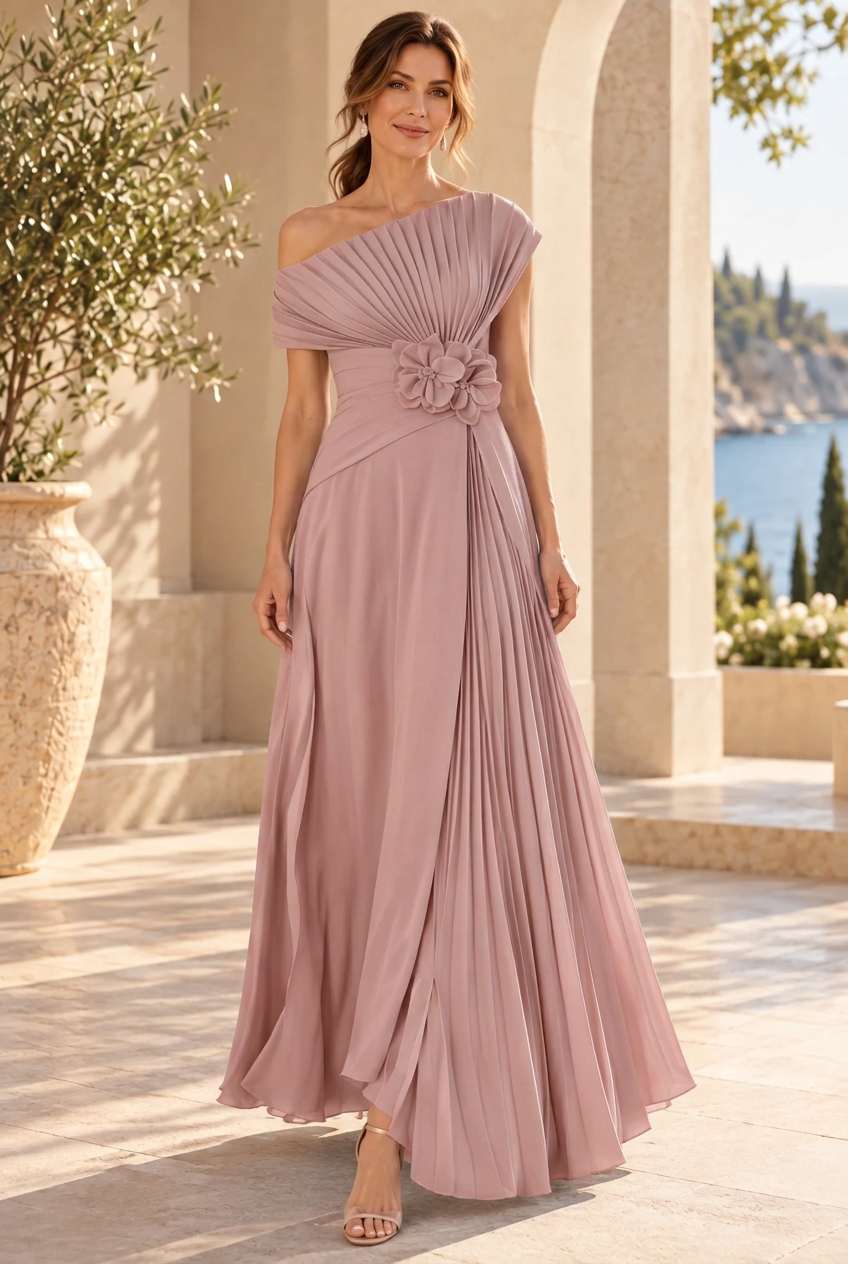 One-Shoulder Pleated Maxi Gown with 3D Flower