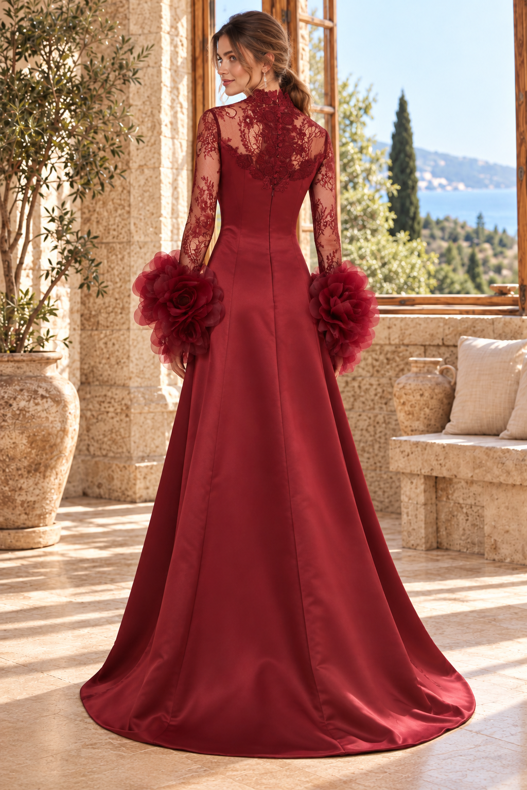Lace High-Neck Gown with Floral Cuff Sleeves