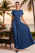 Bateau Neck Pleated Side Drape Formal Gown