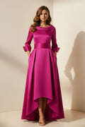 High-Low Satin Gown with Cowl Neck & Belt
