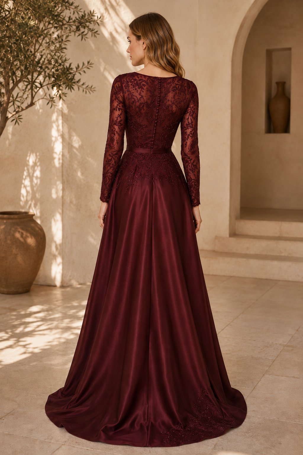 Long-Sleeve Lace Bodice A-Line Satin Gown