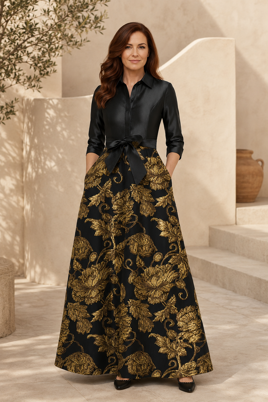 Satin Shirt Bodice Gown with Gold Jacquard Floral Skirt