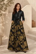 Satin Shirt Bodice Gown with Gold Jacquard Floral Skirt