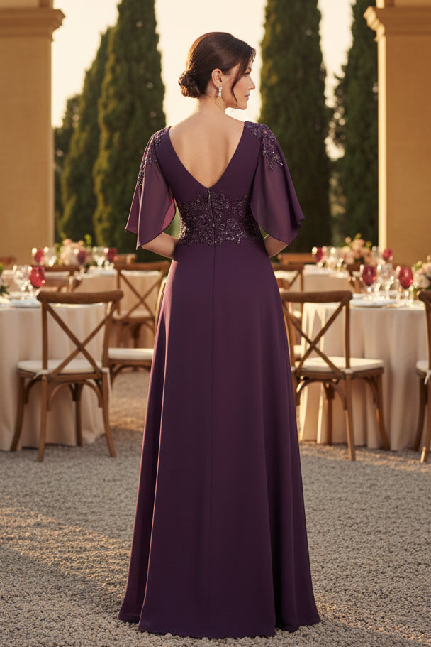 V-Neck Flutter Sleeve Chiffon Evening Dress