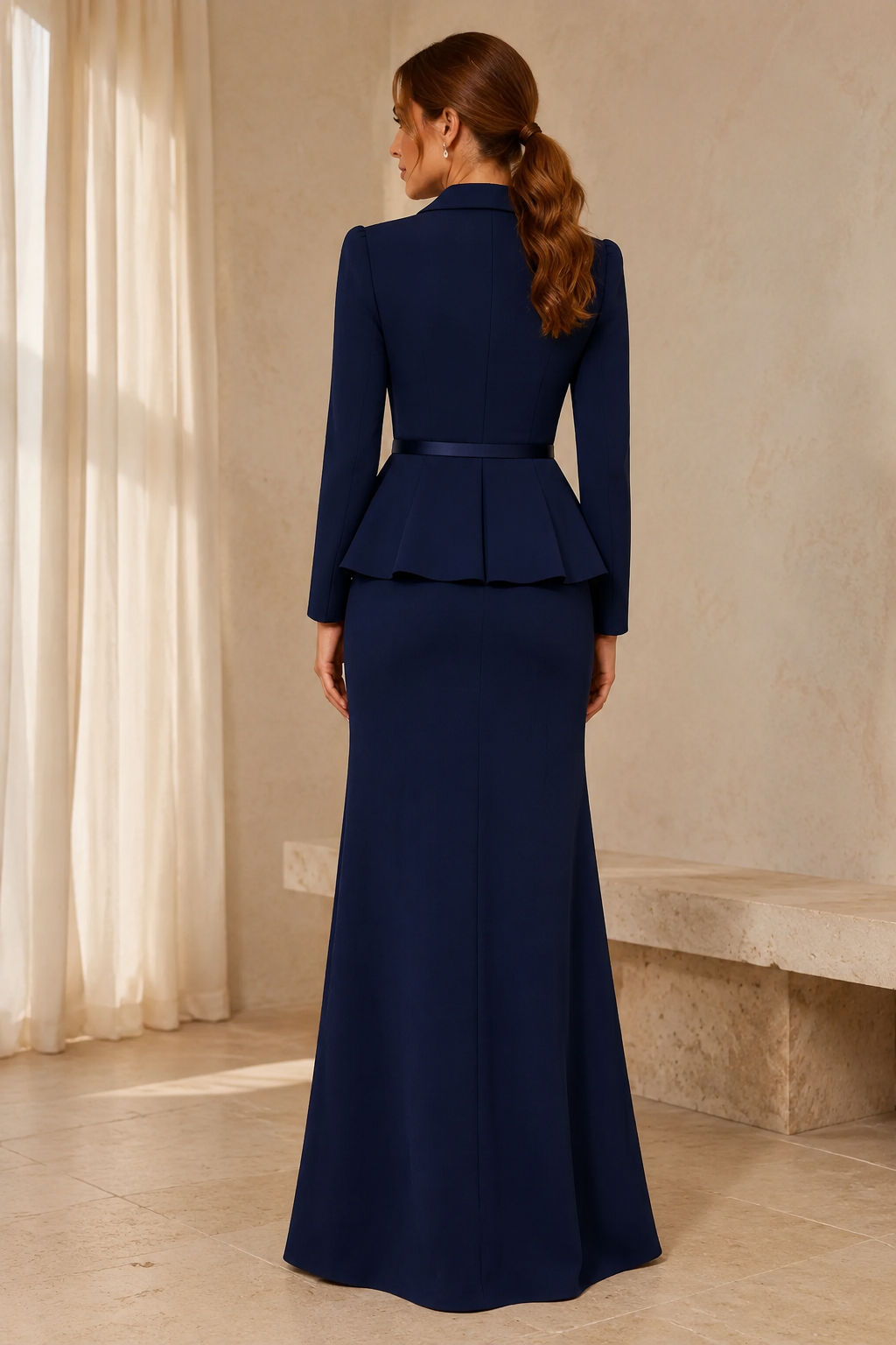 Long-Sleeve Peplum Jacket Gown with Floral Neckline Trim
