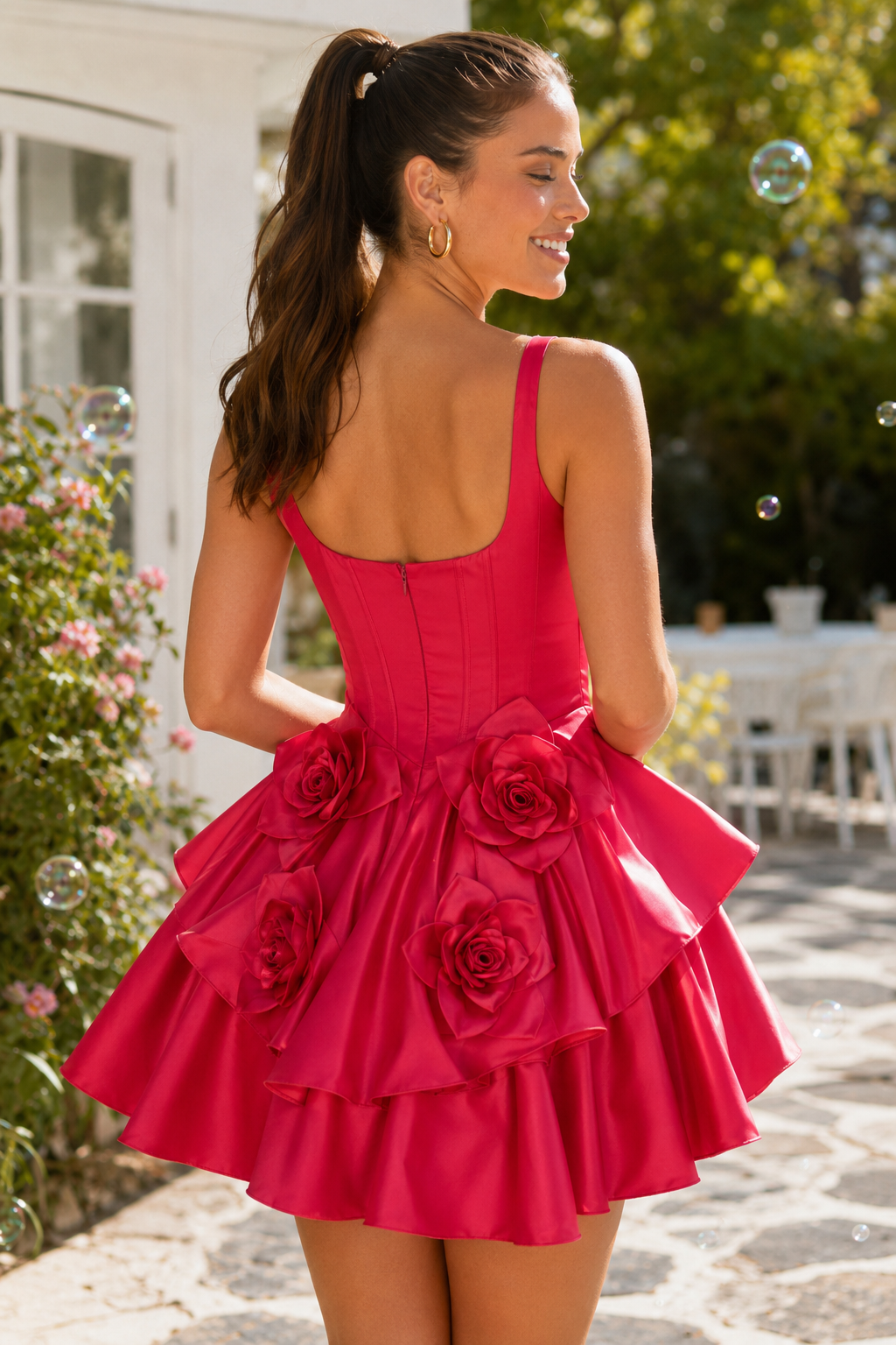 Tiered Corset Satin Mini Dress with 3D Flowers
