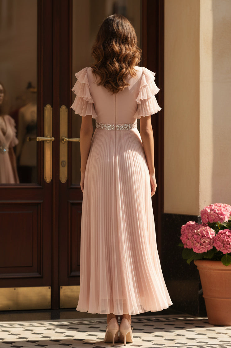 Ruffle Sleeve Pleated A-Line Formal Dress