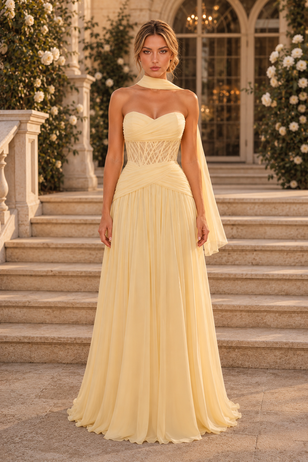 Trägerloses Korsett-Chiffonkleid mit Schal