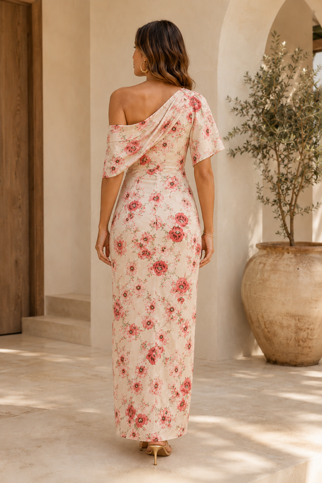 One-Shoulder Draped Floral Maxi Dress