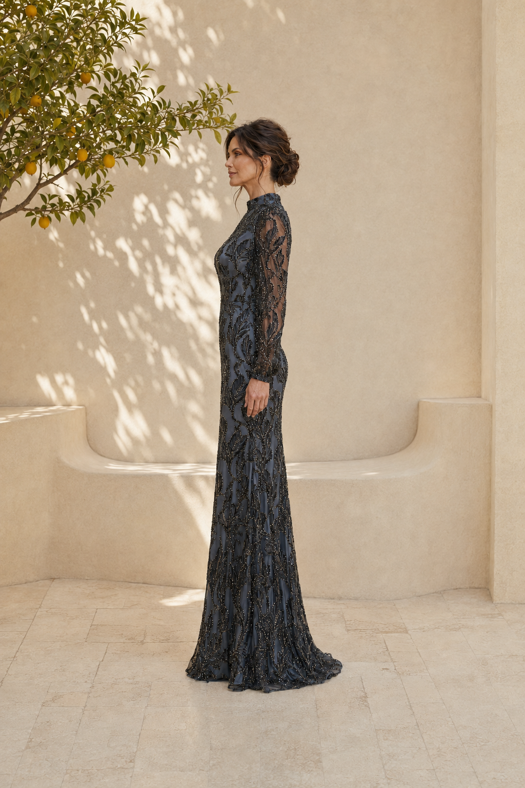 Beaded High-Neck Long Sleeve Evening Gown