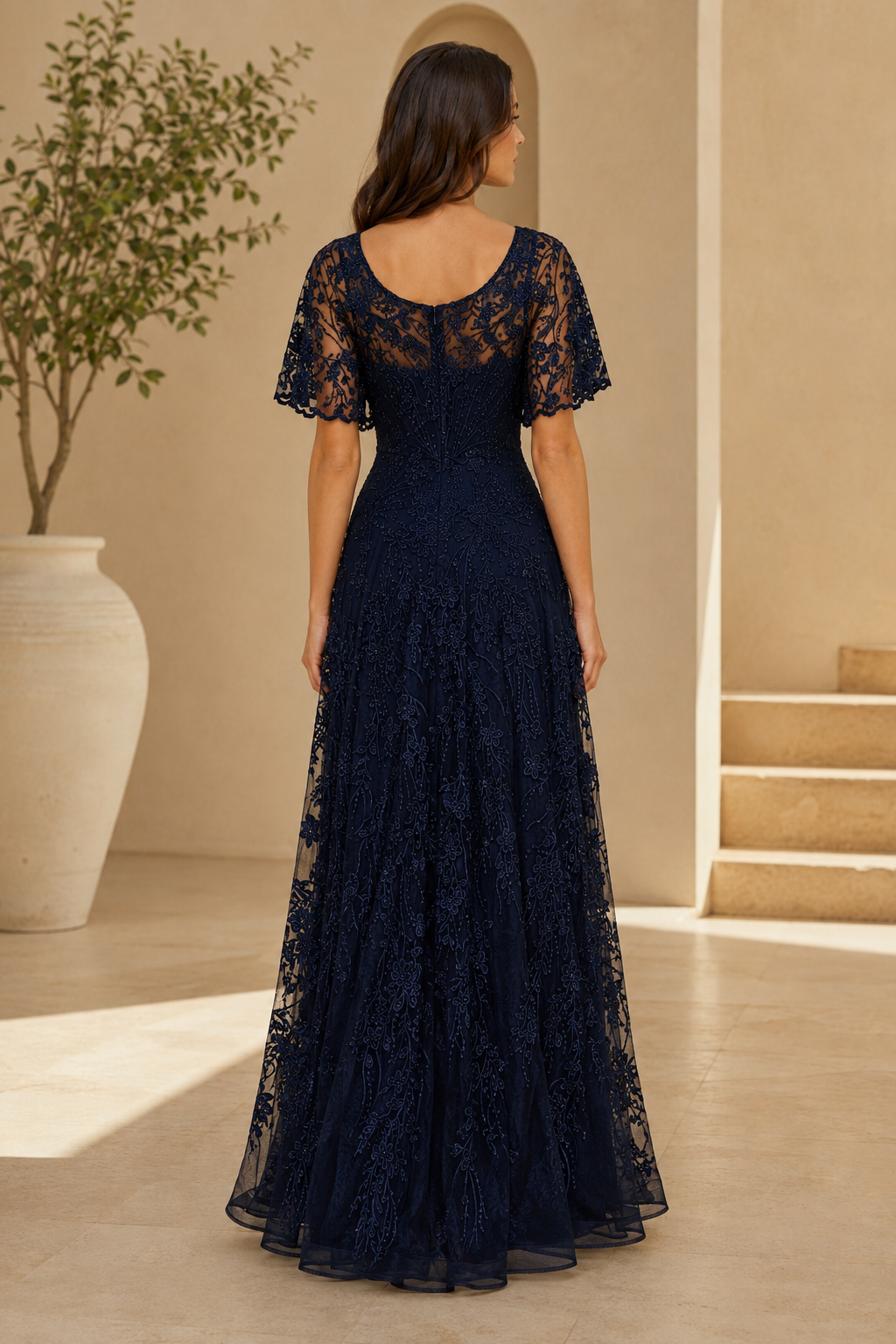 Flutter Sleeve Lace A-Line Evening Gown
