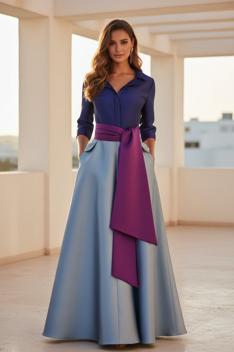 Colorblock Shirt-Style Gown with Sash Belt