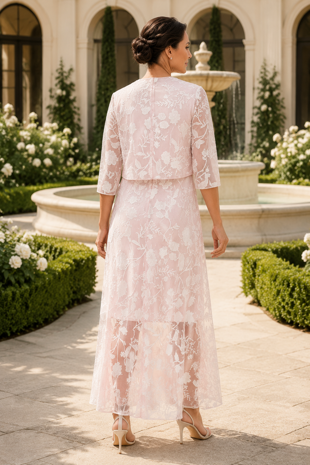 Floral Lace High-Low Dress with 3/4 Sleeve Jacket