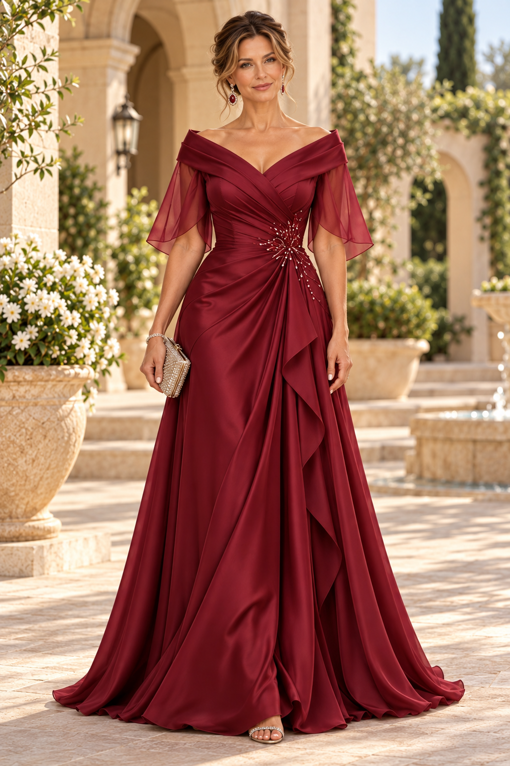 Off-Shoulder Ruched Gown with Flutter Sleeves