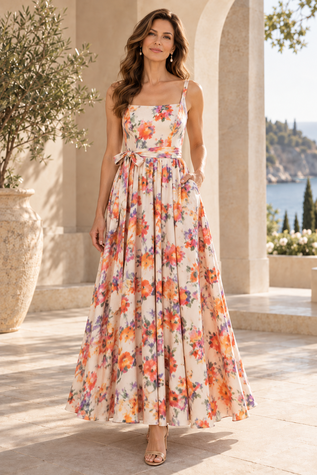 Floral Print Square Neck Maxi Dress with Pockets