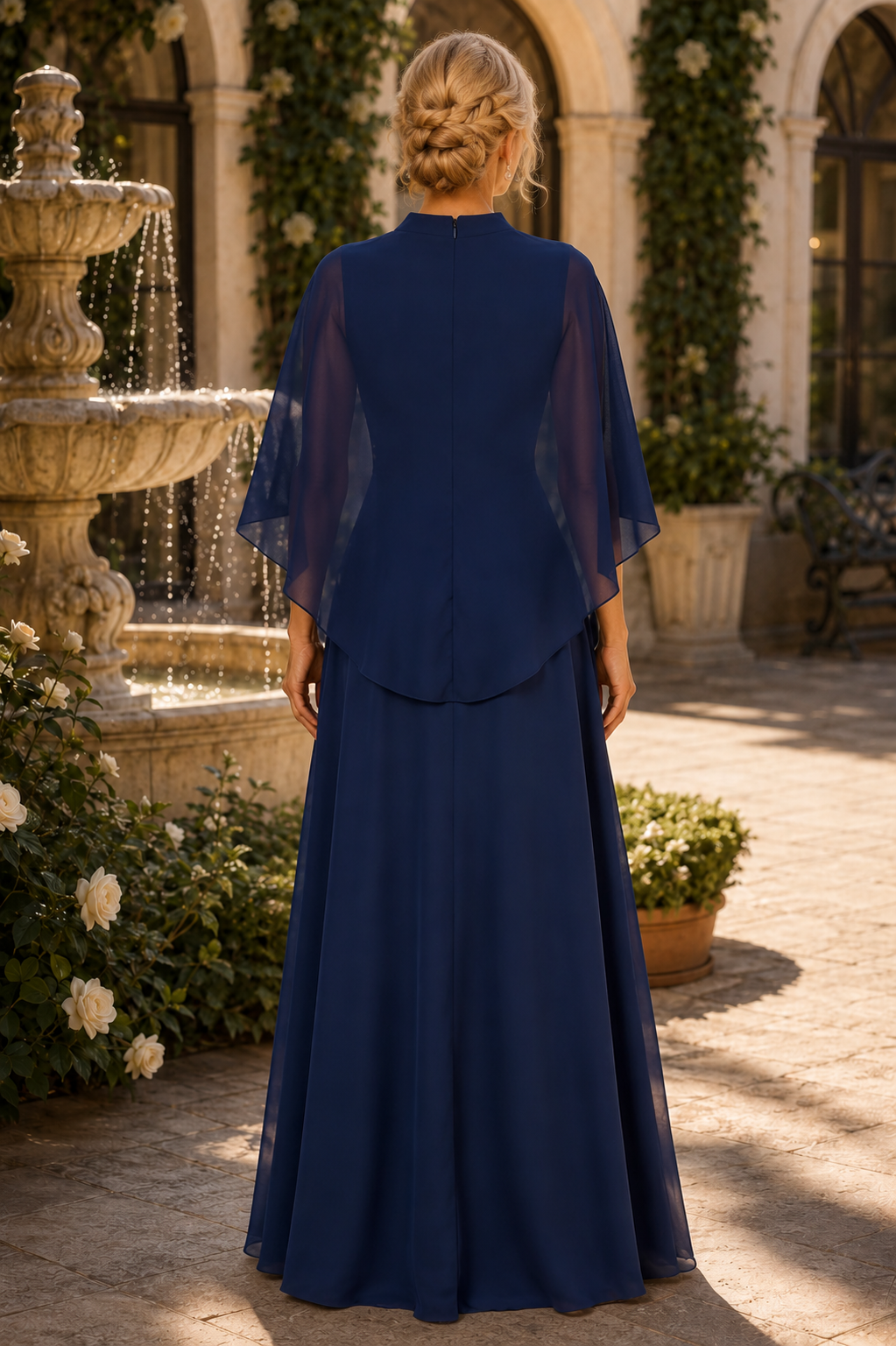 Floral Embroidered Capelet Gown with Cascading Drape