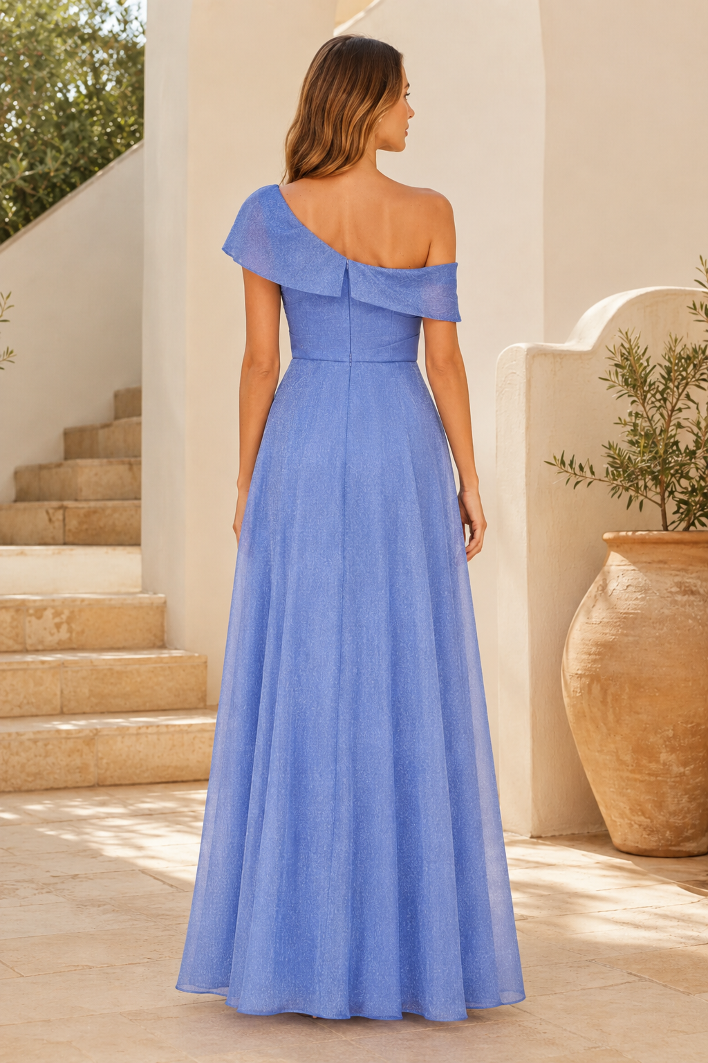 One Shoulder Glitter A-Line Evening Gown with Ruffle