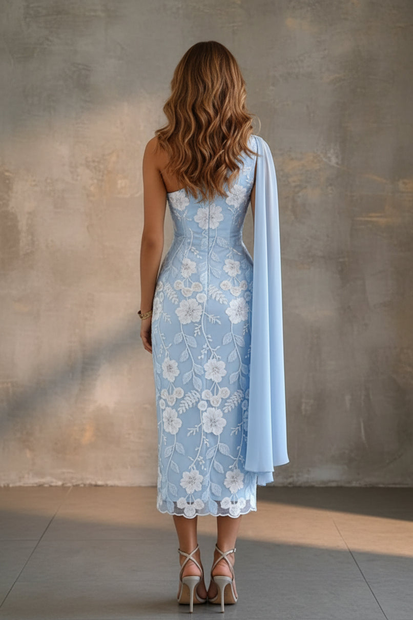 One-Shoulder Embroidered Lace Midi Dress
