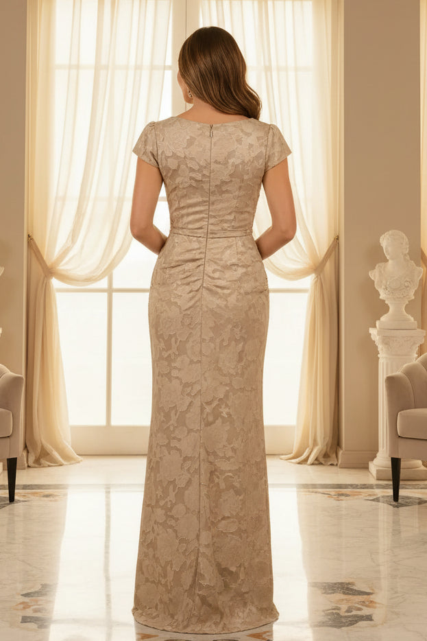 Ruched Jacquard Evening Gown with Ruffle Slit