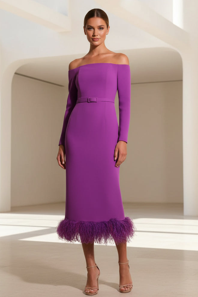 Off-the-Shoulder Long Sleeve Feather Midi Dress