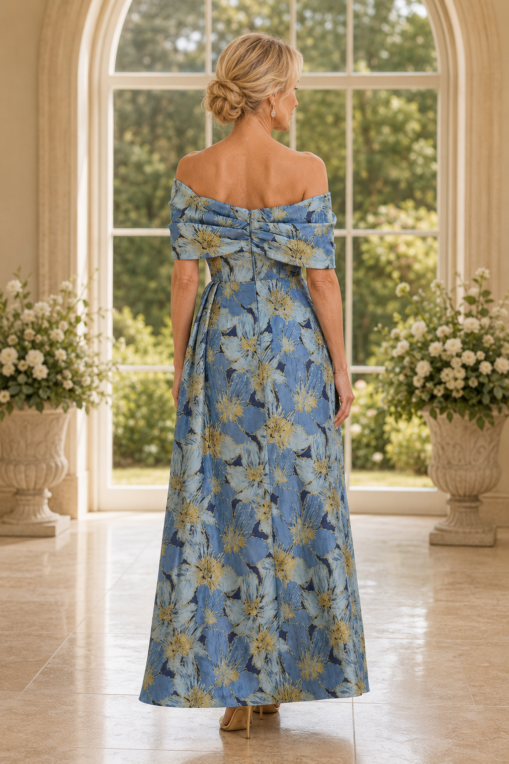 Off-the-Shoulder Floral Jacquard Gown with Slit