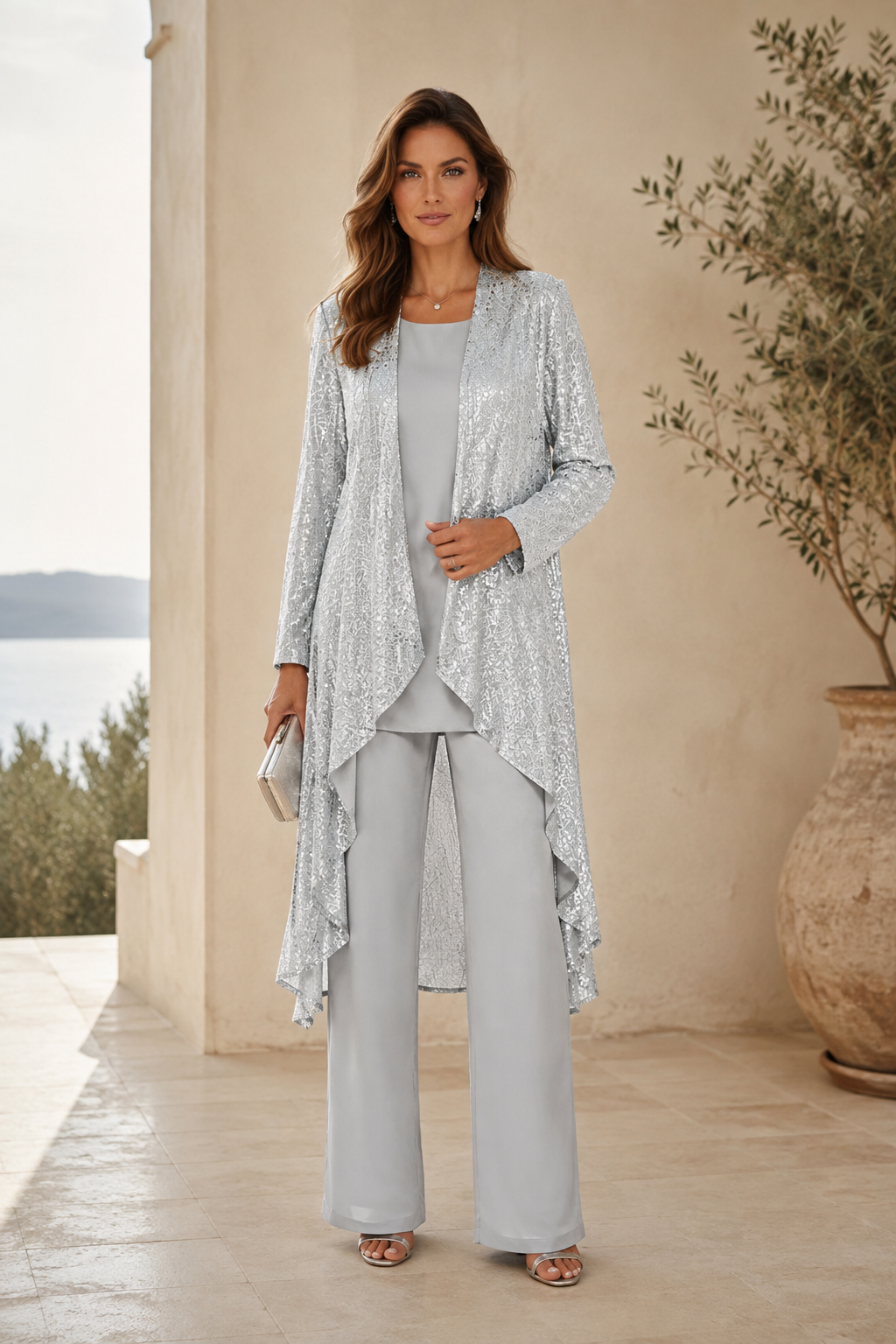 Three-Piece Sequin Duster Pantsuit