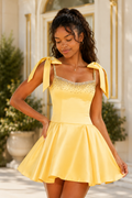 Beaded Satin A-Line Dress with Tie Straps