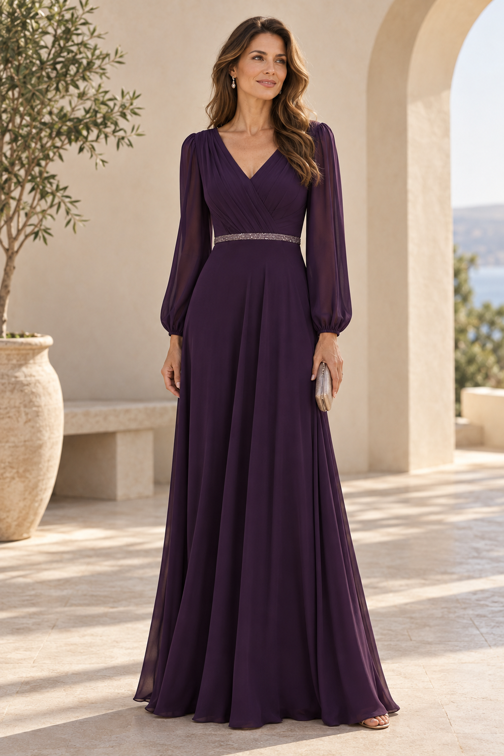 Long Sleeve V-Neck Chiffon A-Line Gown