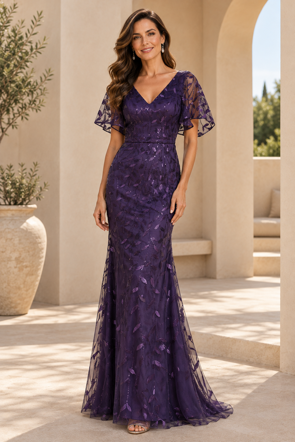 Sequin Embroidered Flutter Sleeve Evening Gown
