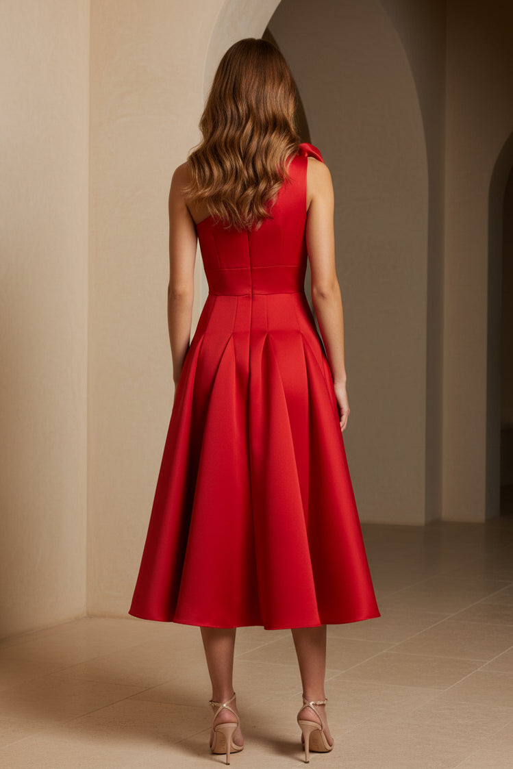One-Shoulder Pleated Midi Dress with 3D Flower
