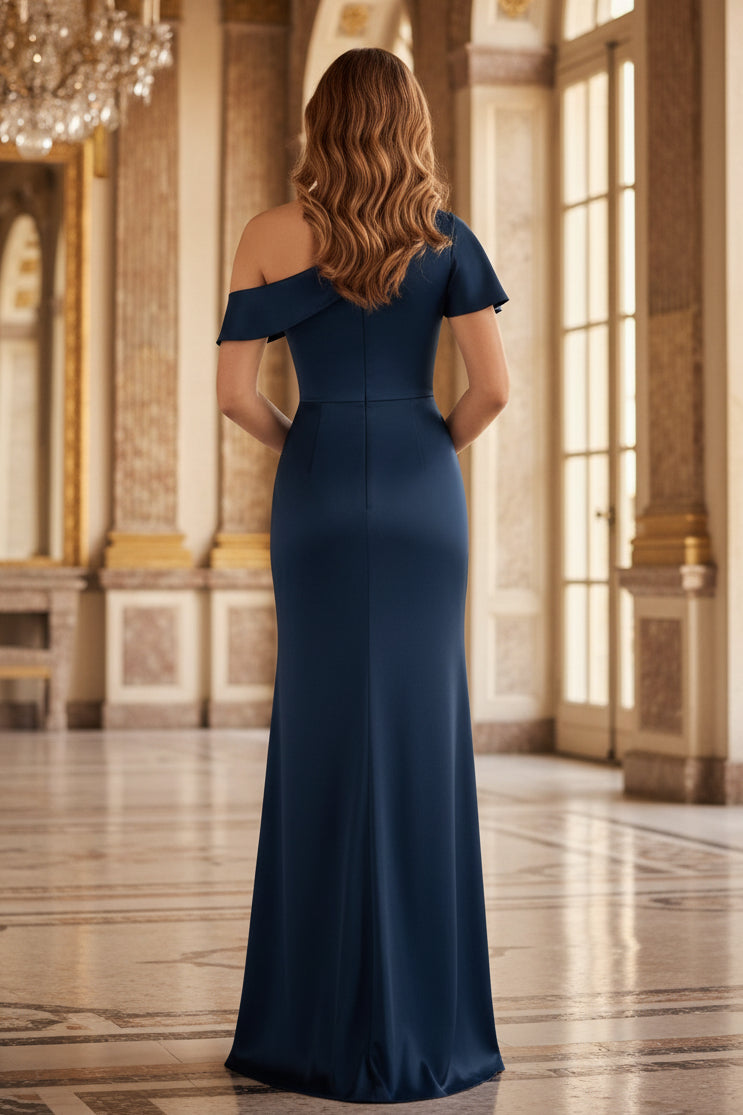 One-Shoulder Satin Draped Evening Gown