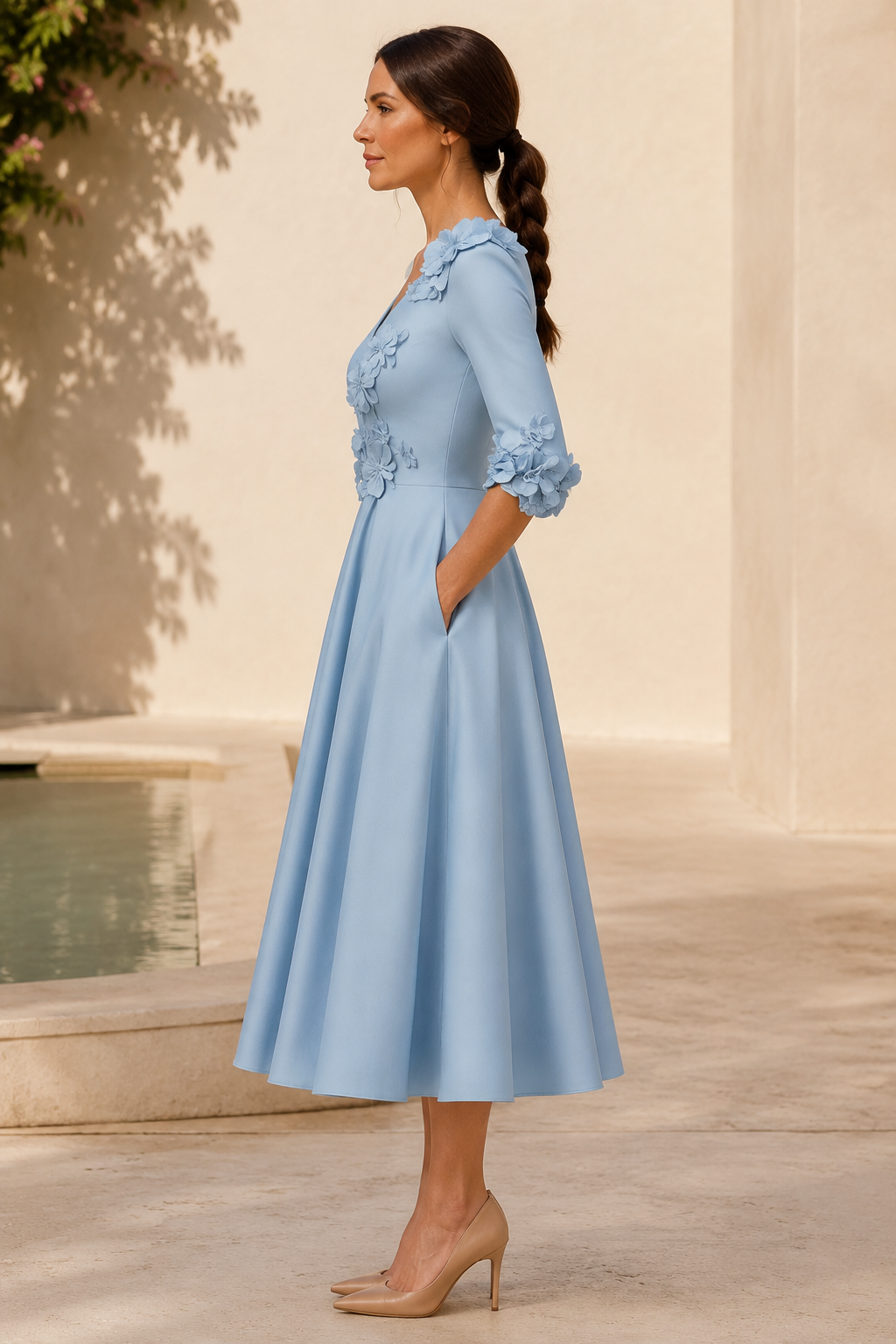 3D Floral Applique Midi Dress with 3/4 Sleeves