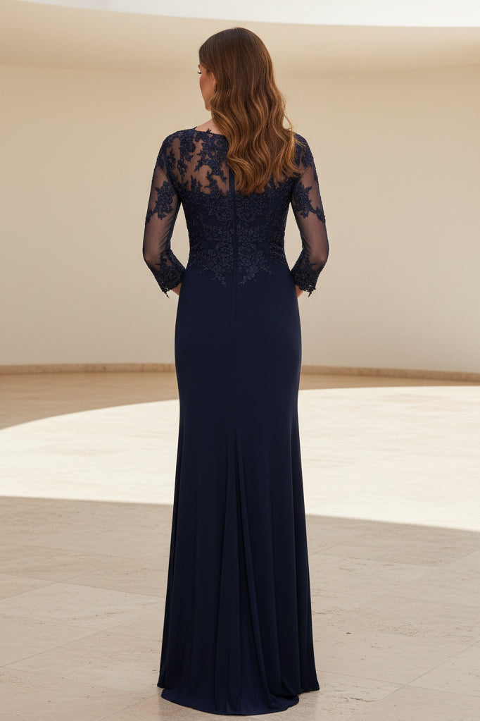 Lace Illusion 3/4 Sleeve Ruched Evening Gown