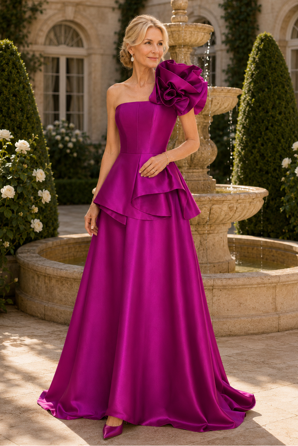 One-Shoulder Floral Peplum A-Line Gown