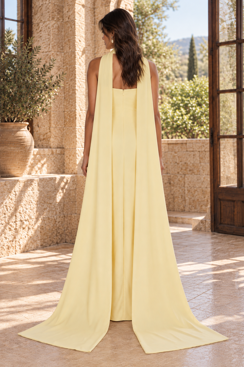 Strapless Beaded Bodice Gown with Cape Drape