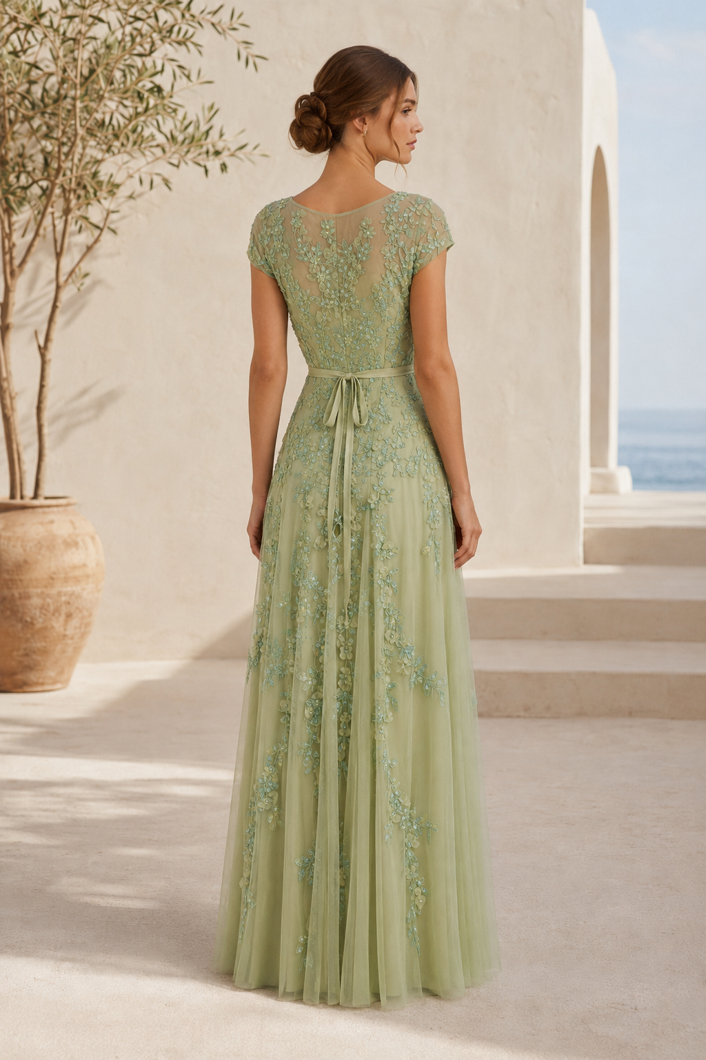 Floral Lace Illusion A-Line Tulle Evening Gown